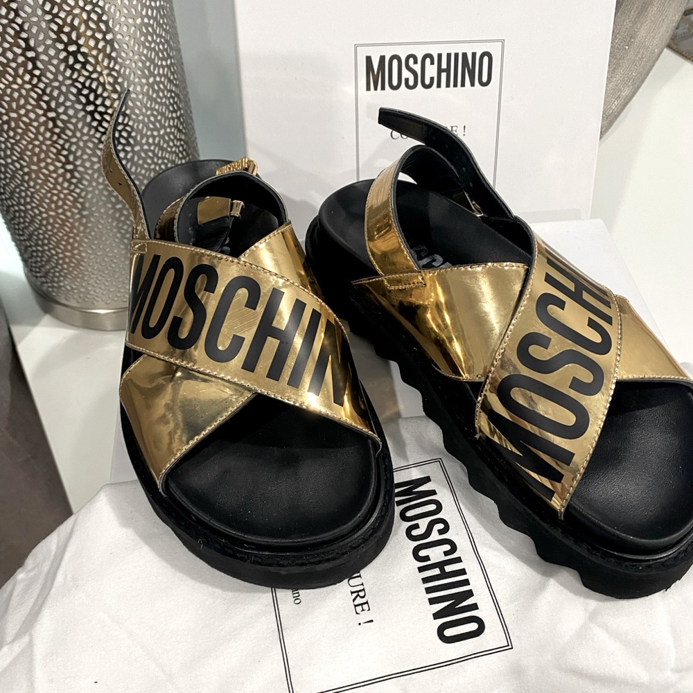 Moschino Gold Logo Platform Sandals Size: 6